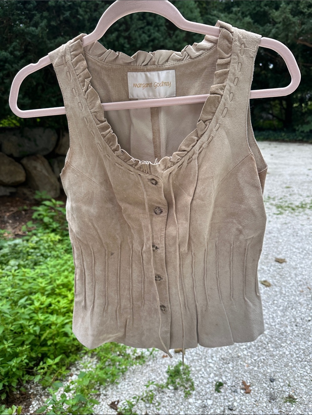 Margaret Godfrey Taupe Suede Button-Front Sleeveless Blouse